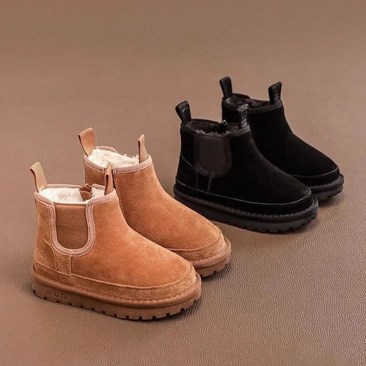 Kids Boots Boys Girls Thick Genuine Leather Warm Thicker Fur Children Winter Non-Slip Solid Zip Snow Boots Baby Suede Shoes